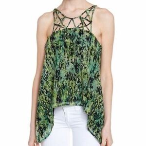 BCBGMaxAzria 100% SILK Bakar Cage Strap Green Print Silk Tank Top MEDIUM flowy